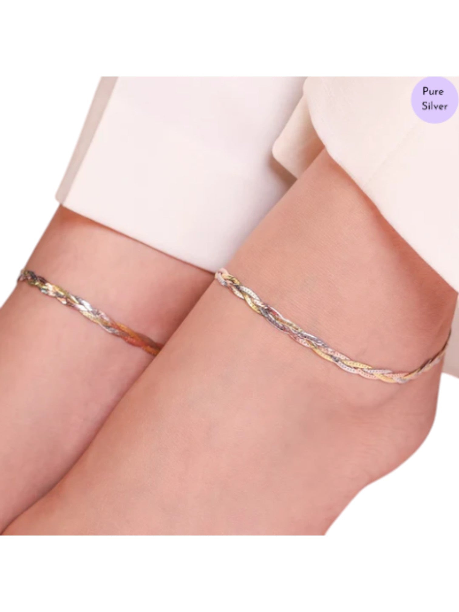 Triple Tone Braided 925 Silver Anklet By Kesardeep Impex For Women